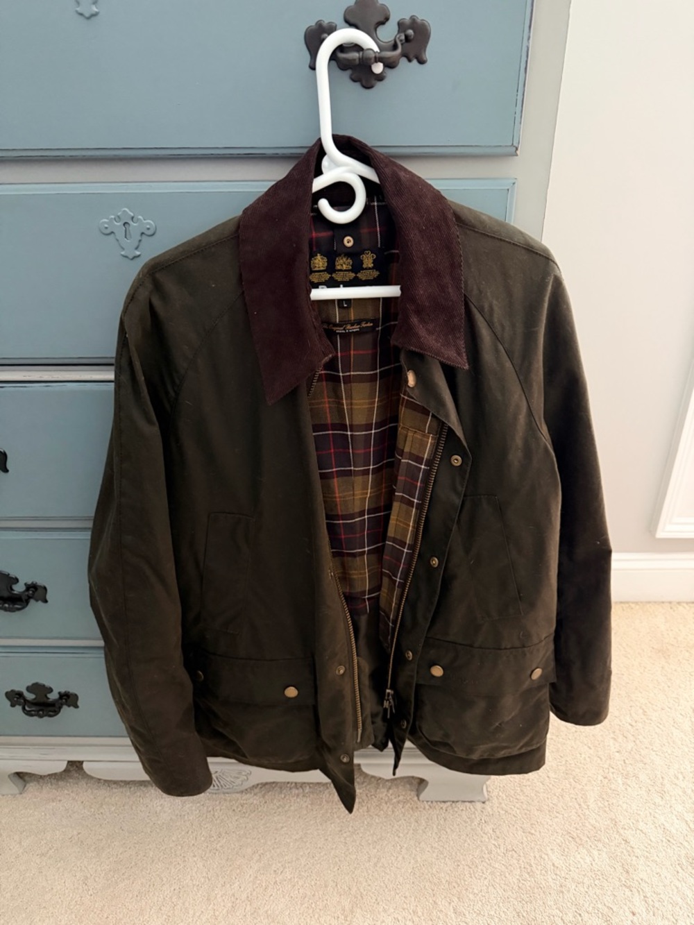 Barbour Ashby Olive Green Waxed Cotton Field Jacket with Brown Cord Collar